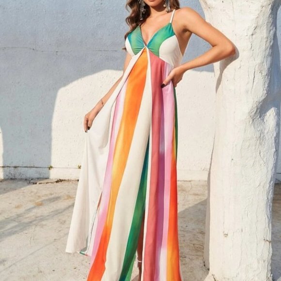 Striped Split Thigh Chiffon Maxi Dress - Picture 9 of 10